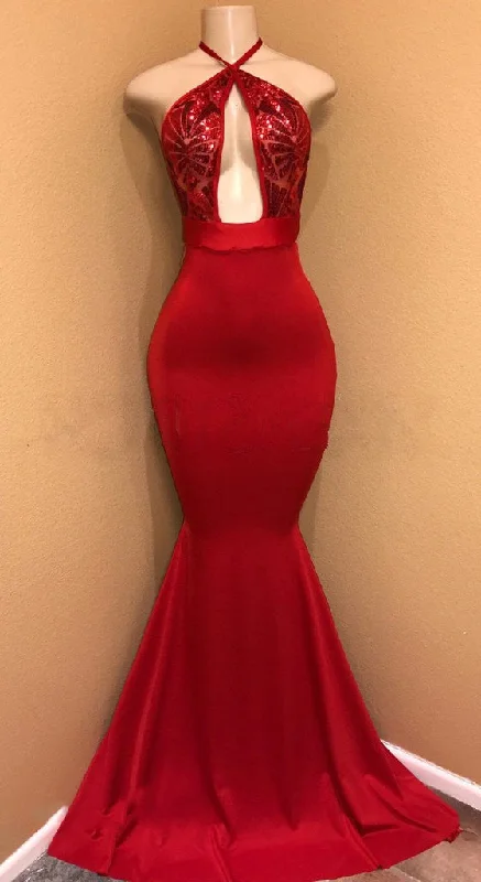 Sexy Red Mermaid Halter Open Front Satin Prom Dresses With Sequence Bodycon unclassified dresses