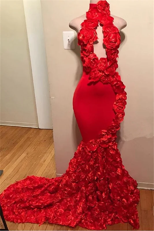 Red Mermaid High Neck Rose Open Front Backless 2024 Prom Dresses Engagement unclassified dresses