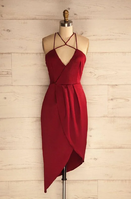 Sheath Halter Asymmetrical Dark Red Satin Homecoming Dress Velvet unclassified dresses