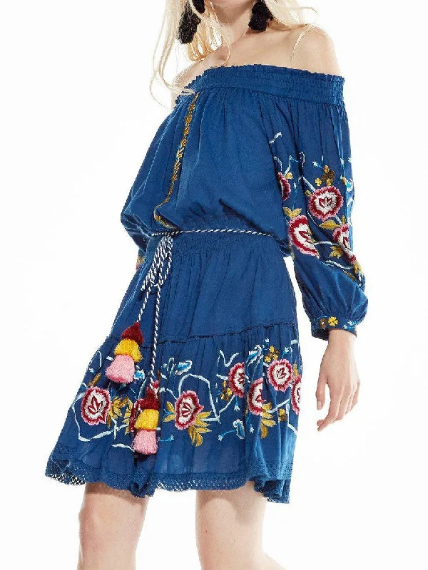 Shoulder-off Bohemian stripes heavy geometric embroidery tassels Blue dress Dark color unclassified dresses