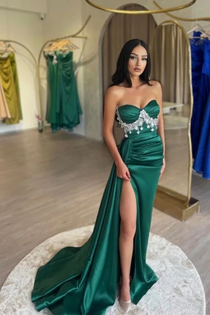 Slit Front Dark Green Stain Sweetheart Sleeveless Evening Dress with Beadings Smocked unclassified dresses