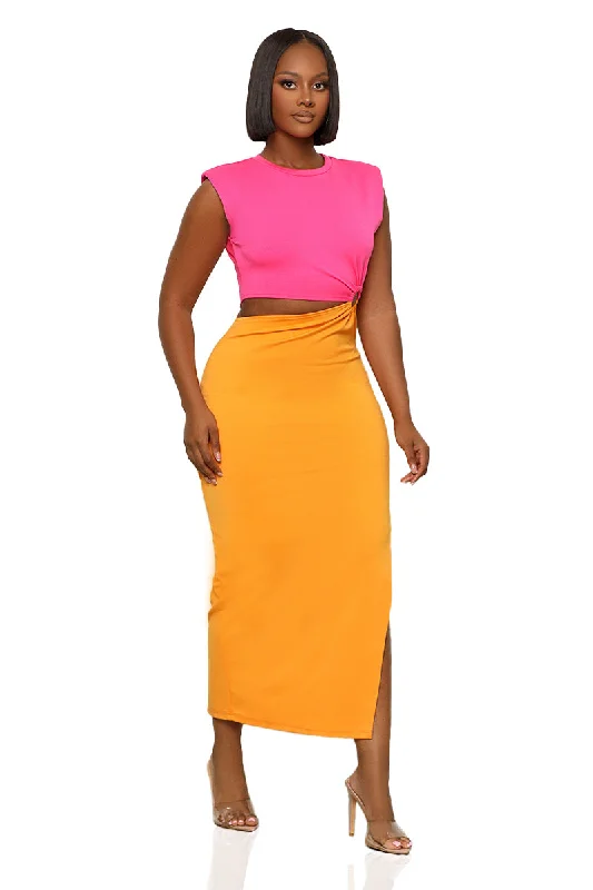 So Effortless Color-Block Cut-Out Dress (Orange Multi) Winter unclassified dresses