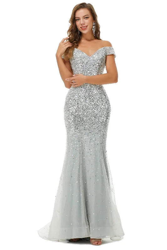 Sparkle Silver Mermaid Beaded Cap Sleeves Off-The-Shoulder Corset Prom Dresses outfit Engagement unclassified dresses