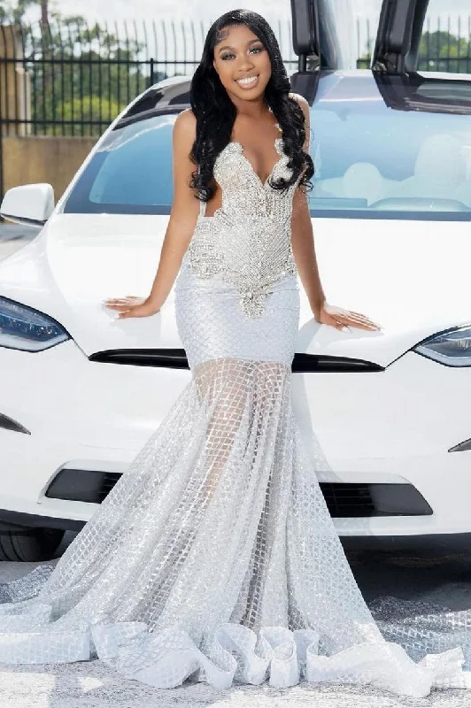 Straps V-neck Silver Beaded Mermaid Sparkle Prom Dresses A-line unclassified dresses