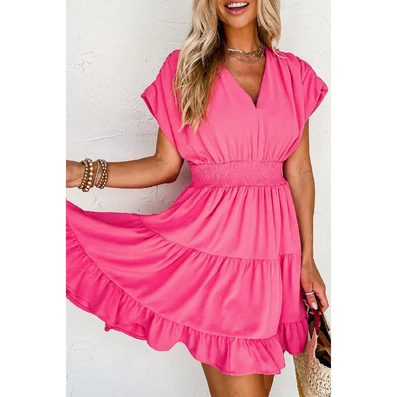 Strawberry Pink Ruched Sleeve Smock Waist Tiered Ruffled Dress Long unclassified dresses