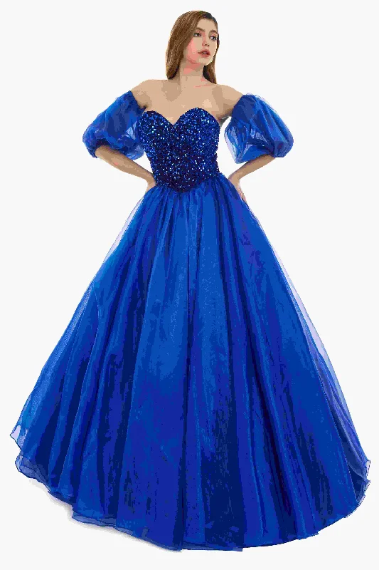 Sweetheart Royal Blue Bubble Sleeves Ball Gown Beaded Prom Dresses Vintage unclassified dresses