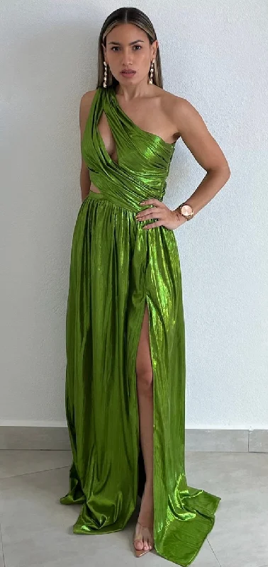 That Golden Girl Green Metallic One-Shoulder Formal Dress Open-back unclassified dresses