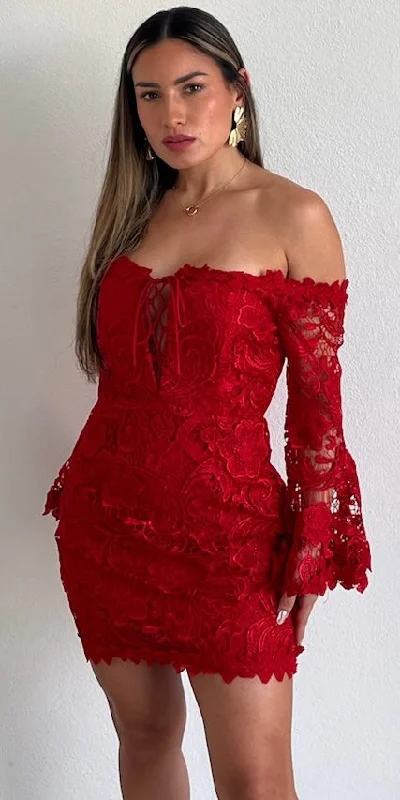 The Moment of Red Off-Shoulder Crochet Dress A-line unclassified dresses