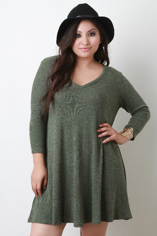 V-Neck Ribbed Knit Shift Dress Comfortable unclassified dresses