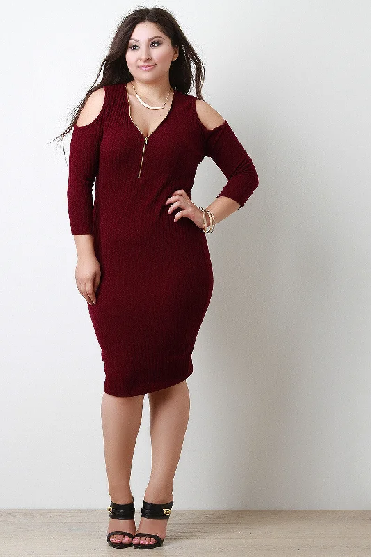 Ribbed Cold Shoulder Quarter Sleeve Dress Graduation unclassified dresses