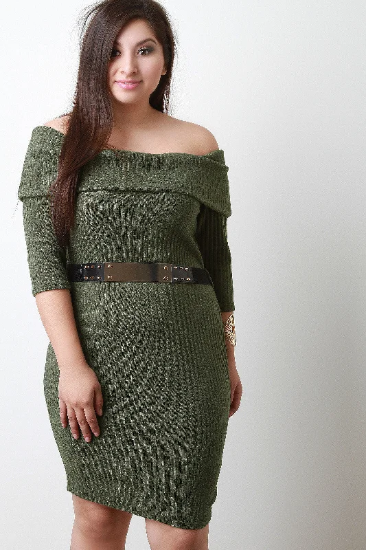 Plate Belt Off Shoulder Ribbed Knit Dress Neutral tone unclassified dresses