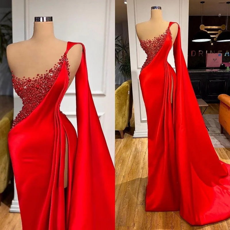 Unique Red Stones Sleeveless High split mermaid Evening Dress Street style unclassified dresses