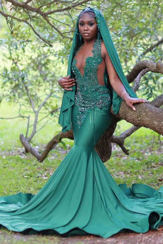 V-Neck Mermaid Sleeveless Beading Sweep Train Prom Dress Women's unclassified dresses