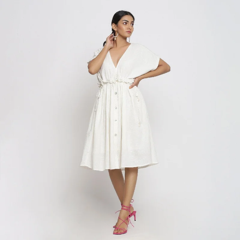 White Frilled Cotton Knee Length Bohemian Dress Best-selling unclassified dresses