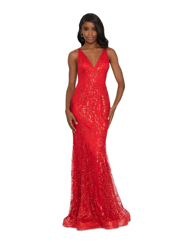 BLONDIE NITES Womens Red Cut Out Zippered Lace-up Back Lined Sleeveless V Neck Full-Length Evening Gown Dress Lace Wedding Gown