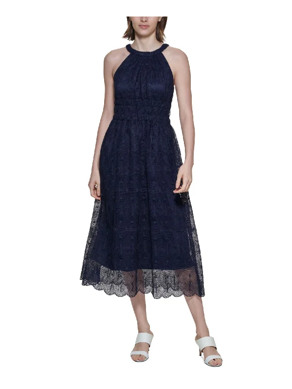 CALVIN KLEIN Womens Navy Zippered Textured Lace Lined Smocked Scalloped Sleeveless Halter Tea-Length Fit + Flare Dress Sexy Lace Dress