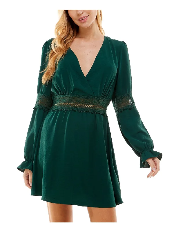 CITY STUDIO Womens Green Unlined Lace Insets Pullover Long Sleeve Surplice Neckline Short Party Fit + Flare Dress Lace Dress Lookbook