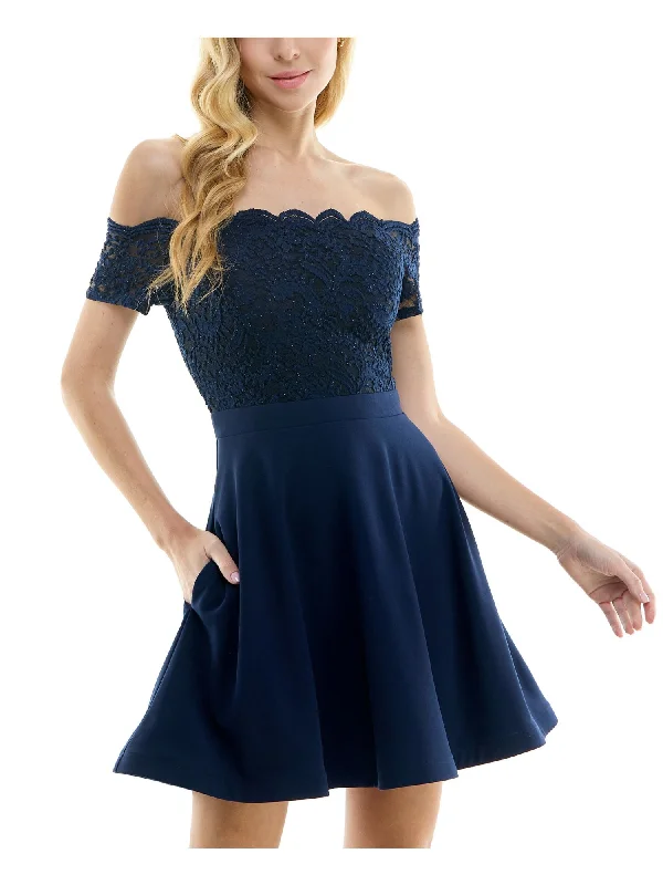 CITY STUDIO Womens Navy Scalloped Pocketed Lace Bodice Zippered Short Sleeve Off Shoulder Short Party Fit + Flare Dress Lace Dress Twirl