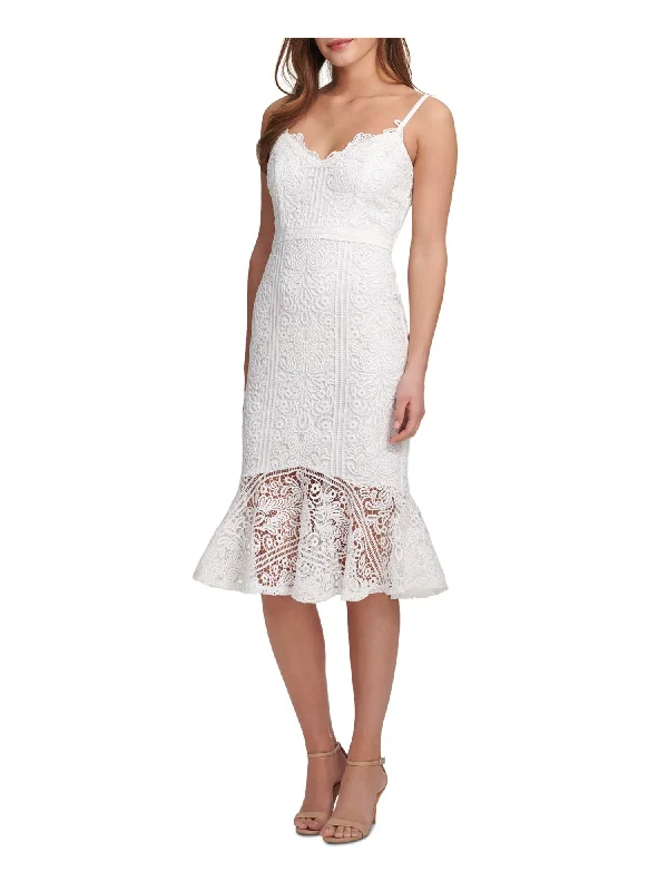 GUESS Womens White Lace Zippered Flounce-hem Lined Spaghetti Strap Sweetheart Neckline Knee Length Sheath Dress Lace Dress Style