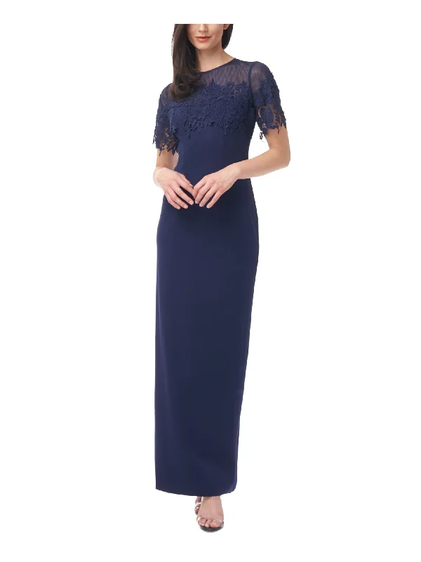 JS COLLECTIONS Womens Navy Zippered Sheer Lace Lined Back Slit Short Sleeve Round Neck Full-Length Evening Gown Dress Lace Maxi Dress