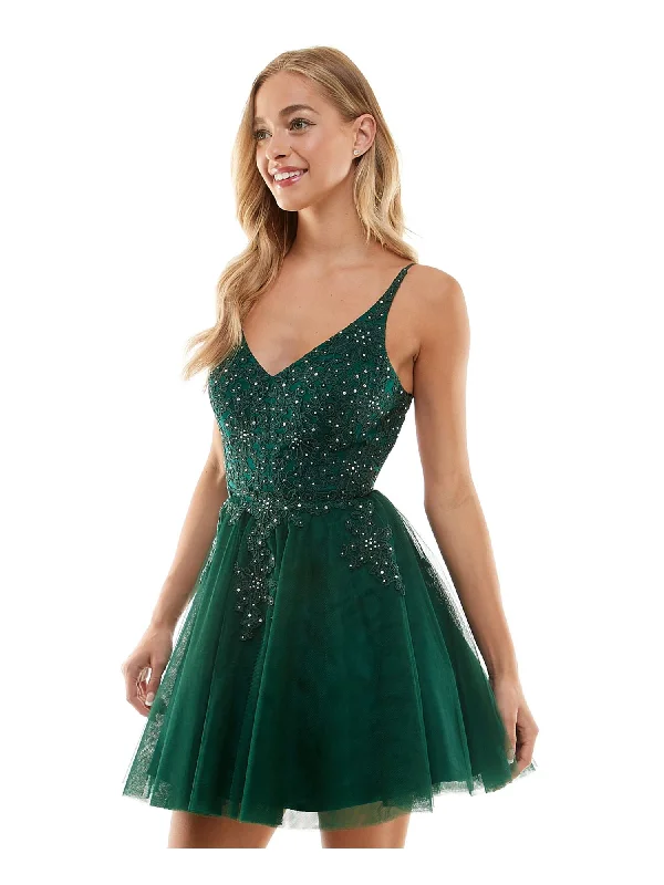 SAY YES TO THE PROM Womens Green Zippered Rhinestone Lace Up Back Lined Tulle Padded Floral Spaghetti Strap V Neck Short Formal Fit + Flare Dress White Lace Dress