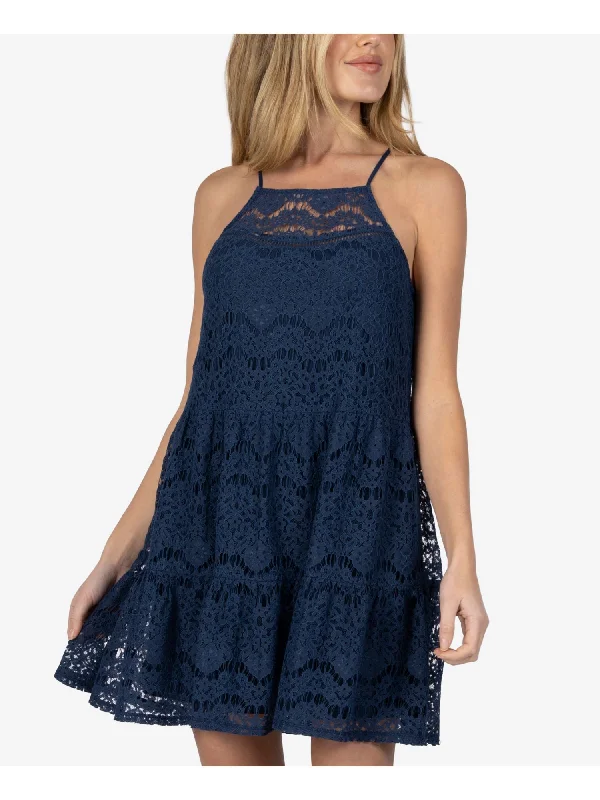 SPEECHLESS Womens Navy Lace Pocketed Sleeveless Halter Short Shift Dress Pink Lace Dress