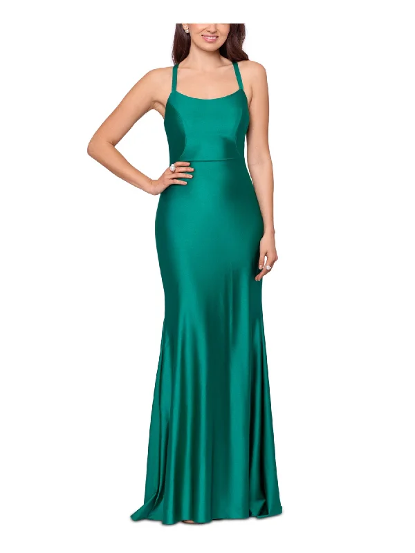 XSCAPE Womens Green Zippered Lined Lace-up Back Sleeveless Scoop Neck Full-Length Formal Gown Dress Lace Dress Accent