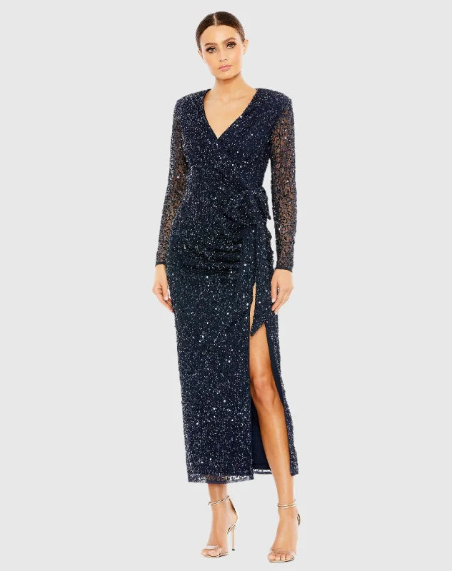 Long Sleeve V-Neck Sequin Dress Sexy Maxi Skirt