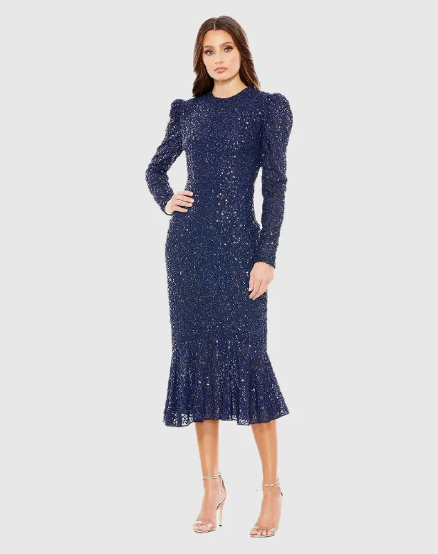 Blue Sequined Long Sleeve High Neck Trumpet Dress Maxi Skirt Chic