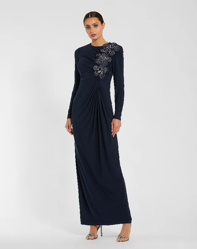 Jersey Long Sleeve Fitted Gown With 3D Flowers Sleek Maxi Skirt