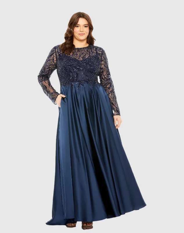 Sheer Long Sleeve Beaded Top Satin Gown Skirt with Slits