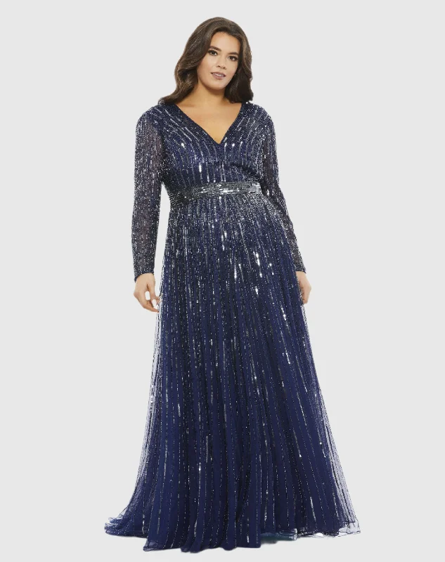 Embellished Illusion Long Sleeve V Neck A Line Gown (Plus) Boho Chic Maxi