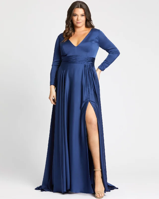 Classic Satin Long Sleeve Evening Gown (Plus) - FINAL SALE Printed A-line Maxi