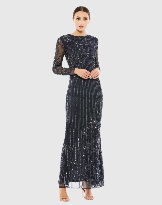 Dark Blue Embellished High Neck Illusion Long Sleeve Gown Elegant Maxi Look