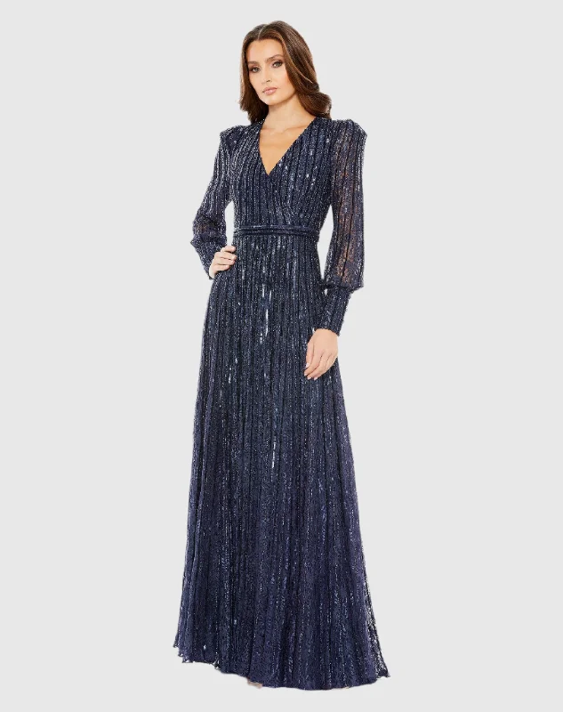 Dark Blue Beaded Lace Long Sleeve Wrap Over Gown Flowing Boho Skirt