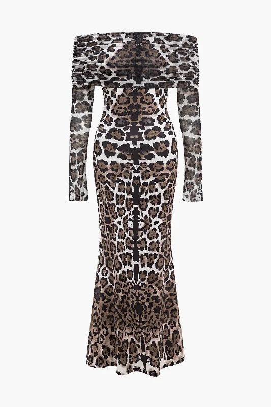 Leopard Print Mesh Off Shoulder Long Sleeve Maxi Dress Midi Maxi Skirt