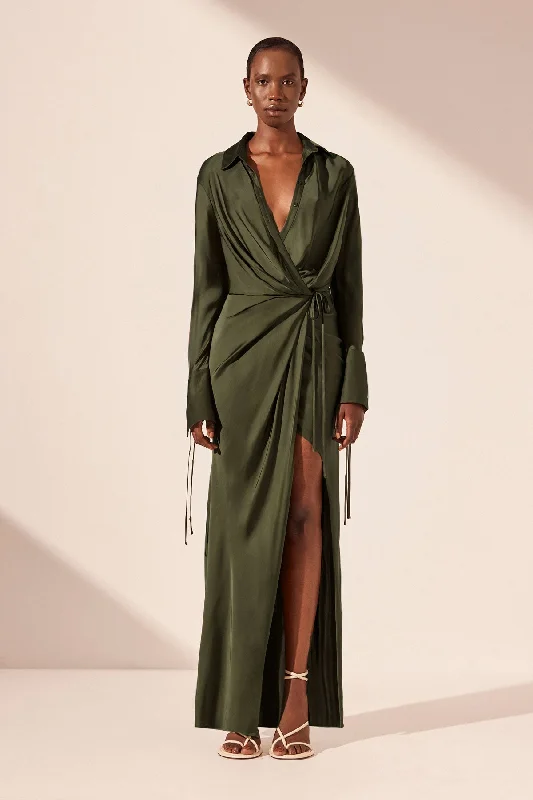 SHAE DRAPED SHIRT MAXI DRESS - PINE GREEN Boho Chic Maxi