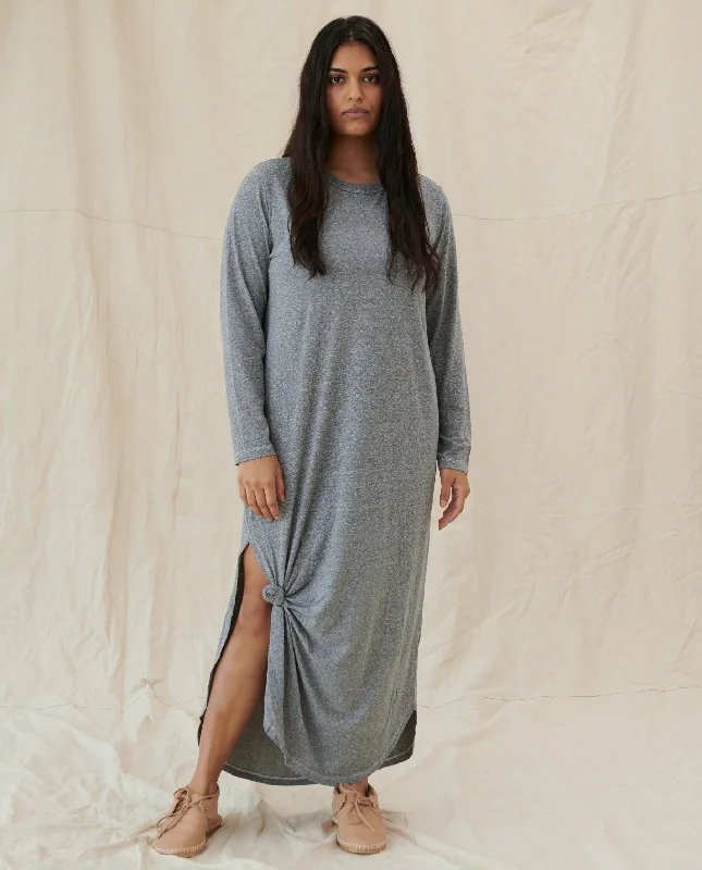 The Long Sleeve Knotted Tee Dress. -- Heather Grey Pleated Maxi Skirt