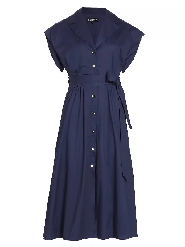 Cotton Poplin Midi Shirtdress In Navy Blue Chic Midi Skirt