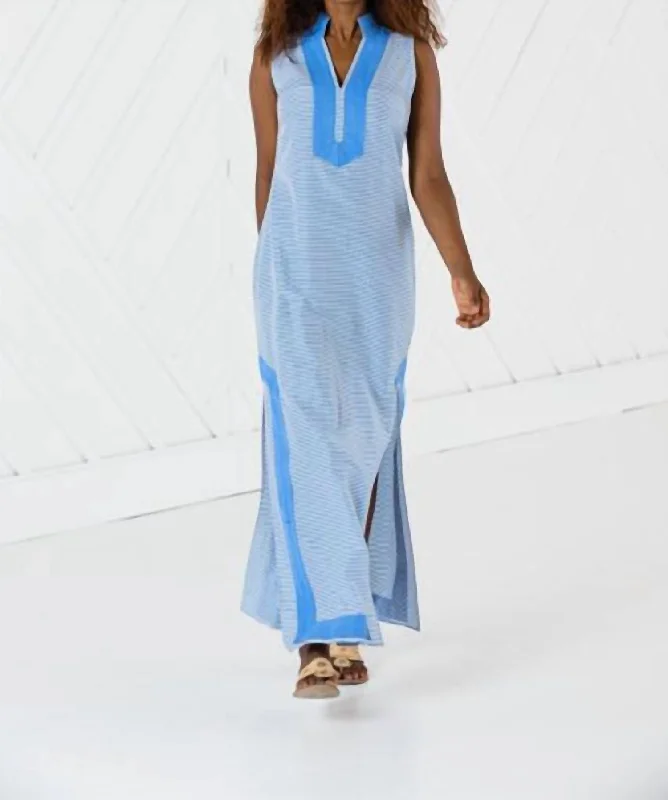 Sleeveless Classic Maxi Tunic In Blue/white Stripe Satin Midi Skirt