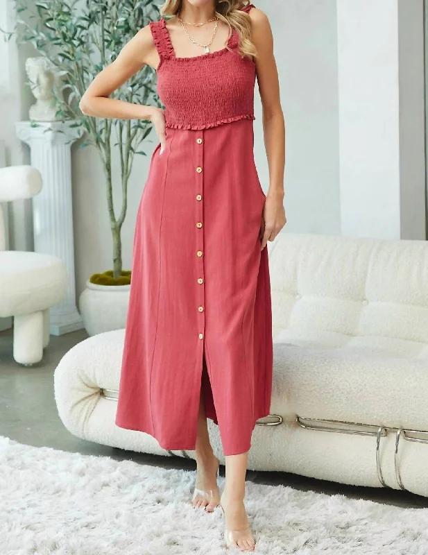 Smocked Midi Dress In Brick Red Maxi Length Midi