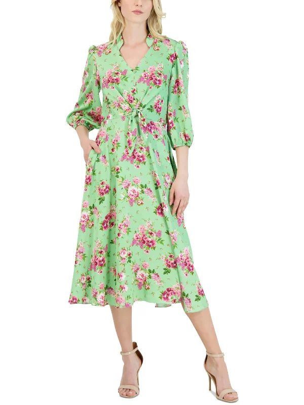 Womens Floral Front Tie Midi Dress Wraparound Midi Skirt