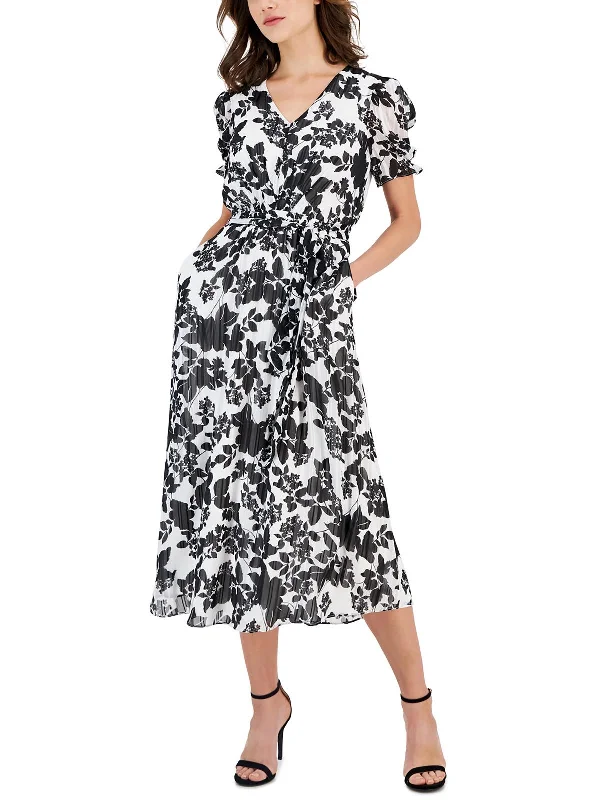 Womens Floral Print V-Neck Midi Dress Formal Midi Skirt