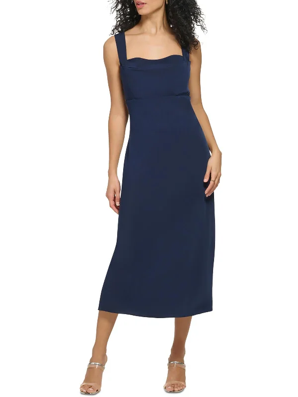 Womens Sleeveless Draped Neck Midi Dress Wraparound Midi Skirt