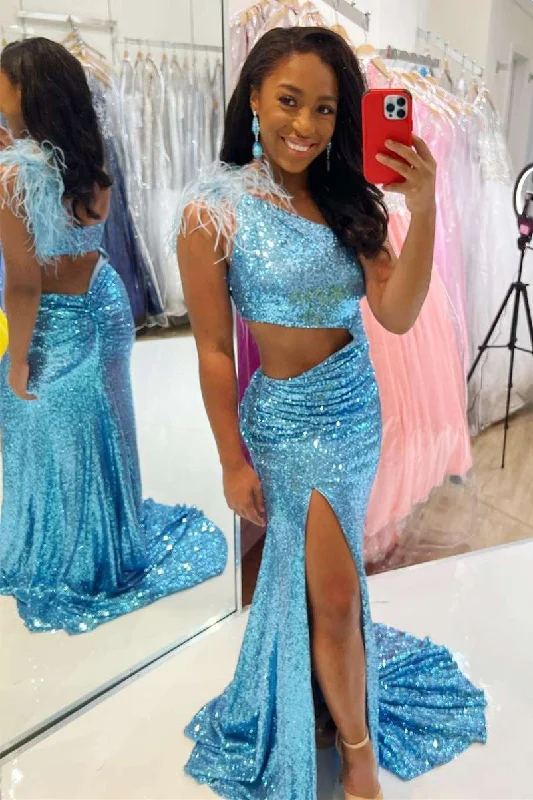 Blue Sequin One-Shoulder Cutout Feathers Mermaid Long Prom Gown Sequin Dress Shine