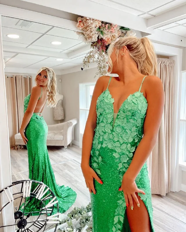 Charming Mermaid V Neck Green Sequins Long Prom Dresses with Appliques Y1692 All-Over Sequin Dress