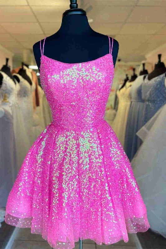 Cute Hot Pink Sequins A-Line Homecoming Dress Y1641 Sexy Sequin Gown