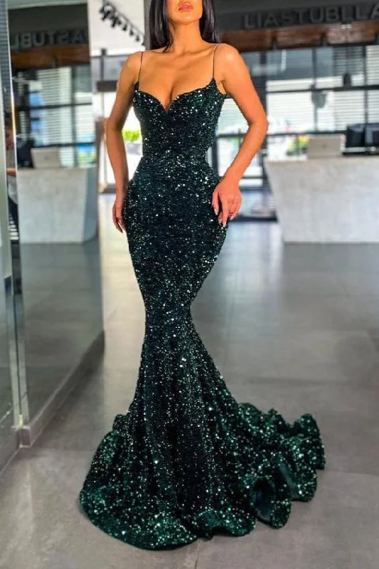 Dark Green Sequins Prom Dress Mermaid Long With Spaghetti-Straps Y1823 Sequin Shift Dress