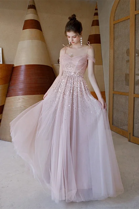 Elegant Straps Sequins Pink Tulle Prom Dress Sequin Dress Style