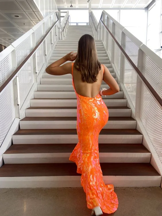 Fashion Mermaid V Neck Orange Sequins Long Prom Dresses Y1721 Beautiful Sequin Dress